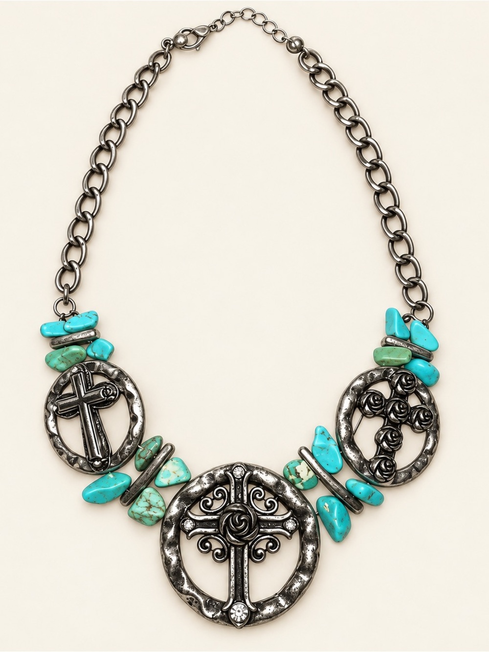 Turquoise Silver Tone Cross Rose Medallion Western Statement Necklace